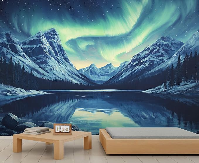 Northern Lights Mountain Wall Mural, Aurora Borealis Lake 3D Wall Murals, Snowy Peaks Starry Sky Wallpaper Mural, for Living Room Bedroom Large Wallpaper Indoor Decor 169.3" W x118.2 H