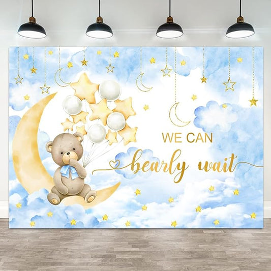 15x8ft Baby Shower Backdrop We Can Bearly Wait Photography Background Bear White Balloons Blue Clouds Moon Stars Cartoon Banner Decorations Birthday Party Newborn Portrait Photo Booth Prop