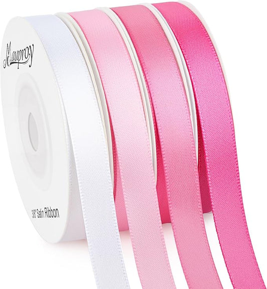 3/8 Inch Pink Satin Ribbon, 4 Rolls Total 40 Yards, Double Faced Mixed Pink Thin Ribbon for Gift Wrapping, Flower Bouquets, Crafts, Wedding Christmas Decorations