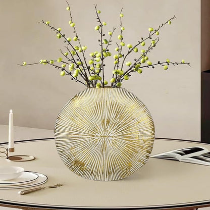 Gold Metal Vase for Home Decor – 13" x 11.8" Modern Decorative Vase for Pampas Grass, Artificial Flowers & Dried Bouquets – Elegant Textured Flower Vase for Living Room, Bedroom & Office