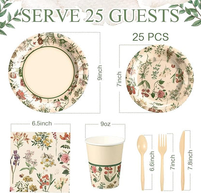 Roshtia 25 Set Floral Party Supplies Flower Paper Plates Napkins Tablewares Disposable Flower Dinnerware for Girls Women Floral Birthday Tea Party Decorations Favors