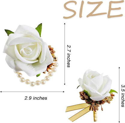 SITUMEIZI 2Pcs Corsage and Boutonniere Set Corsage Wristlet for Prom Decor Boutonniere for Men Wedding Flowers Accessories Party Suit Decoration(Platinum)