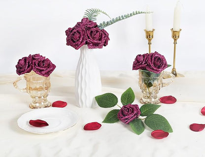 IPOPU Artificial Roses,25pcs Glitter Roses Glitter Flowers Foam Roses with Stems for DIY Wedding Bridal Bouquet Home Party Decoration(Deep Pink)