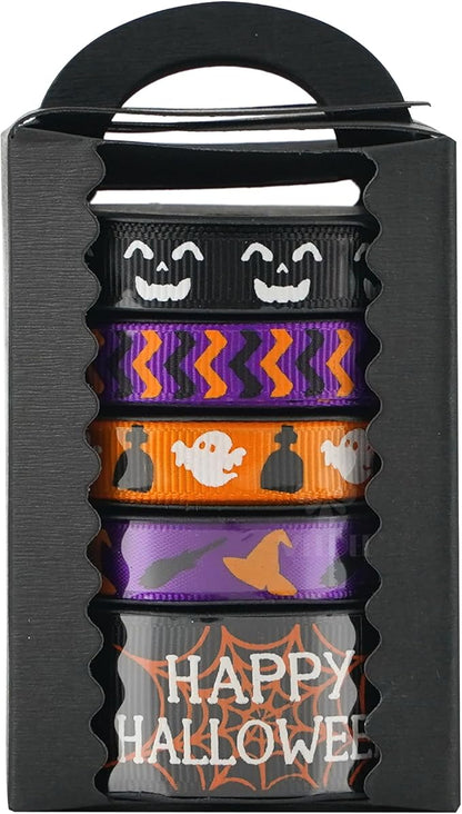 MEEDEE 3/8 inch 1 inch Halloween Ribbon Set Spooky October Ribbon Assortment 5 Rolls 10 Yards Halloween Crafts, Fall Gift Wrap, Party Decorations, Autumn Wreaths, Trim Bundle, Wreath Bow Supplies