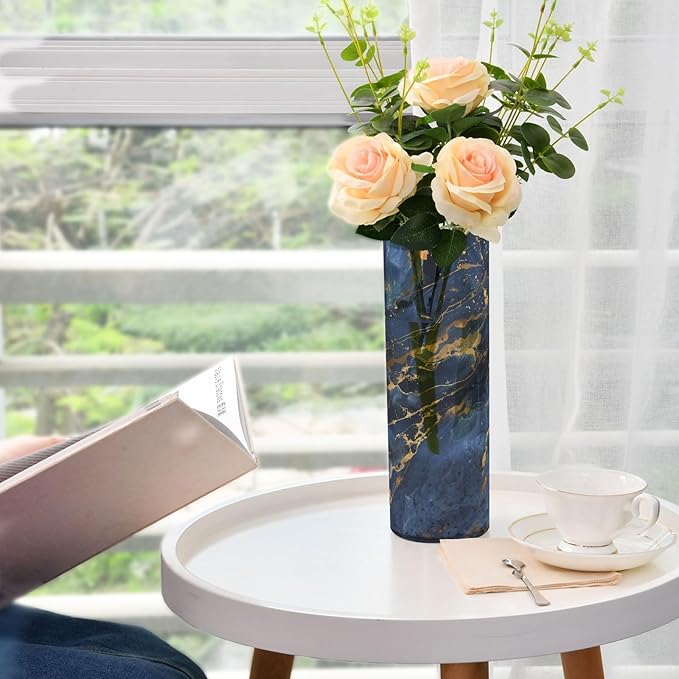 Marble Texture Natural Luxury Navy Blue Gold Color Plastic Vase 11.8 x 3.9 Inch Large Flower Vases Clear Flower Vases for Bouquet Indoor Bedroom Dining Room Decor
