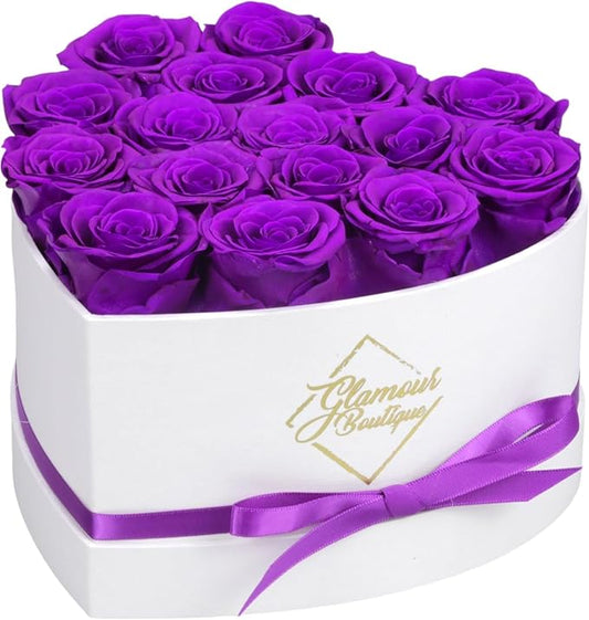 GLAMOUR BOUTIQUE Preserved Roses in a Box - Gifts for Her, Wife & Mom, Rose Flowers Forever Decor for Birthday Gift, Get Well Flower Bouquet Cased in White Box with Cover - Purple - 16-Piece