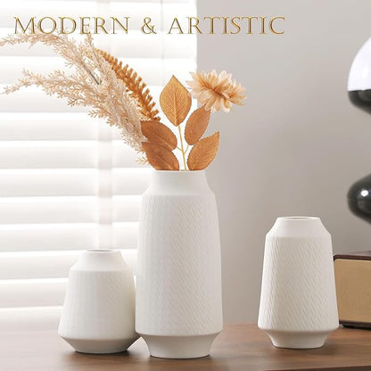 Ceramic Vase Set of 3 - Handcrafted Ceramic Vases for Home Decor & Shelf - Modern Farmhouse Decor for Kitchen, Office, Bedroom & Living Room Decorative Objects for Mantel, Table Centerpieces