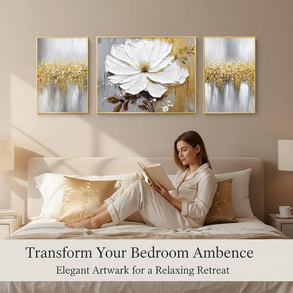Hand-Painted Floral Canvas Oil Painting for Living Room,Framed 3D Gold and White Abstract Wall Art for Bedroom, Large 3 Pieces Flowerl Wall Painting for Office Kitchen Bathroom Home Decor 24x64 inches
