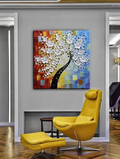 YaSheng Art -3D handmade paintings textured wall art Oil Painting On Canvas white Flowers Paintings Modern Home living room Wall Art Abstract canvas art picture Ready to hang 30x30inch
