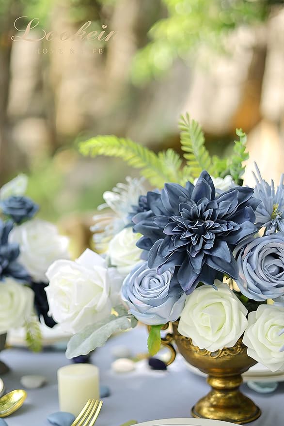 Lookein Artificial Flowers for DIY Wedding Decoration Bridal Bouquet Table Centerpieces Flower Garland Wreaths Aisle Arch Flower Decoration Home Decor, Retro Dusty Blue
