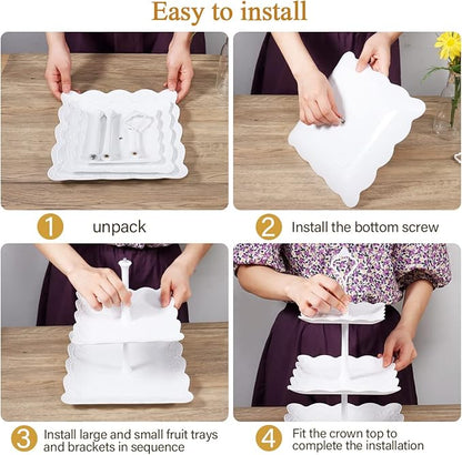 10 Pcs Cake Stand White Plastic Dessert Table Display Set 4 Pcs 3 Tired Cupcake Stand Cookie Tray Rack Serving Tray Cake Display Tower and 6 Pcs Dessert Trays for Wedding Baby Shower Tea Party (White)