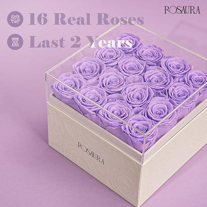 Rosaura Square Preserved Roses Gift Box - Real Forever Flowers in Clear Acrylic Lid, Valentine's for Women (Light Purple, 16 Roses)