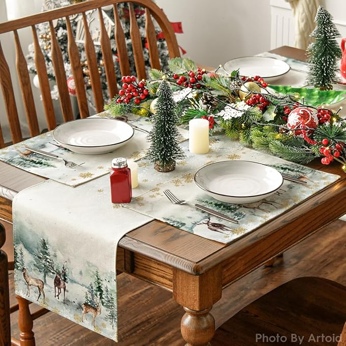 Artoid Mode Watercolor Deer Trees Snowflakes Christmas Placemats Set of 12, 12x18 Inch Seasonal Winter Table Mats for Party Kitchen Dining Decoration