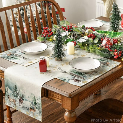 Artoid Mode Watercolor Deer Trees Snowflakes Christmas Placemats Set of 12, 12x18 Inch Seasonal Winter Table Mats for Party Kitchen Dining Decoration