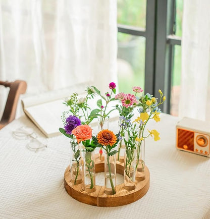 Melphoe Glass Bud Vases Small Flower Vase for Centerpieces Wedding Table Decorations, Home Decor, Propagation Station Plant Terrarium with Wooden Stand, Unique Plant Lover Gifts for Women (Brown)