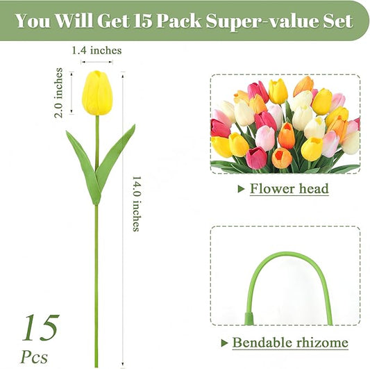 SITUMEIZI Fake Flowers Tulips Artificial Silk Flower 15pcs Real Touch 14" for Spring Easter Home Kitchen Wedding Bouquet Bulk Mother's Gift Day Decorations(Multicolor,5-1)