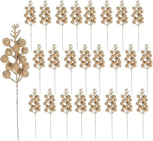 24 Pack Artificial Christmas Glitter Berries Stems Branches,Christmas Faux Holly Berries Branches Ornaments for Christmas Tree Wreath DIY Craft Decorations Holiday Home Decor(Champagne)