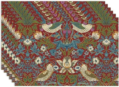 William Morris Floral Placemats Set of 6, Vintage Flower Strawberry Birds Red Place Mats, Heat Resistant Non Slip Cotton Linen Dining Table Mats for Home Kitchen Party 18x12 Inch