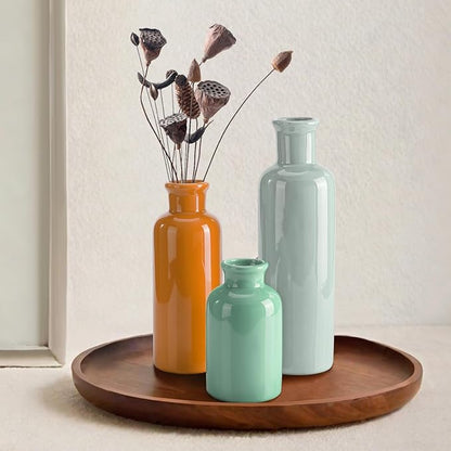 Small Ceramic Vase Set of 3, Boho Modern Flower Vase Room Decor, Farmhouse Decor, Vases for Your Kitchen, Bathroom, Bedroom, Living Room, Office&Shelf Centerpiece Table Decorations
