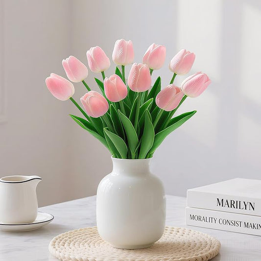 20 Pcs Tulips Artificial Flowers 13" Pink Faux Flowers Real Touch PU Fake Tulips Bouquet for Floral Arrangement Home Kitchen Table Wedding Decorations