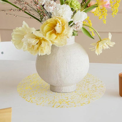 Hysenm 50 Pcs Disposable Gold Placemats Set Metallic 13 Inch Round Table Doilies, Ultra-Thin Messy Lines Disposable Placement Mats for Home Decoration Dining Table Wedding Birthday Party