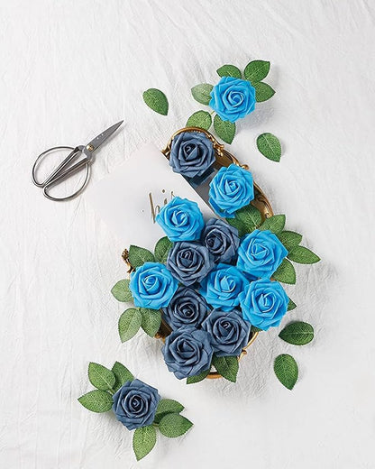 DuHouse 25Pcs Artificial Roses Flowers Fake Roses with Stems Real Touch Foam Flowers for DIY Wedding Bouquet Baby Shower Centerpiece Floral Arrangement Party Home Decor(Dusty Blue)