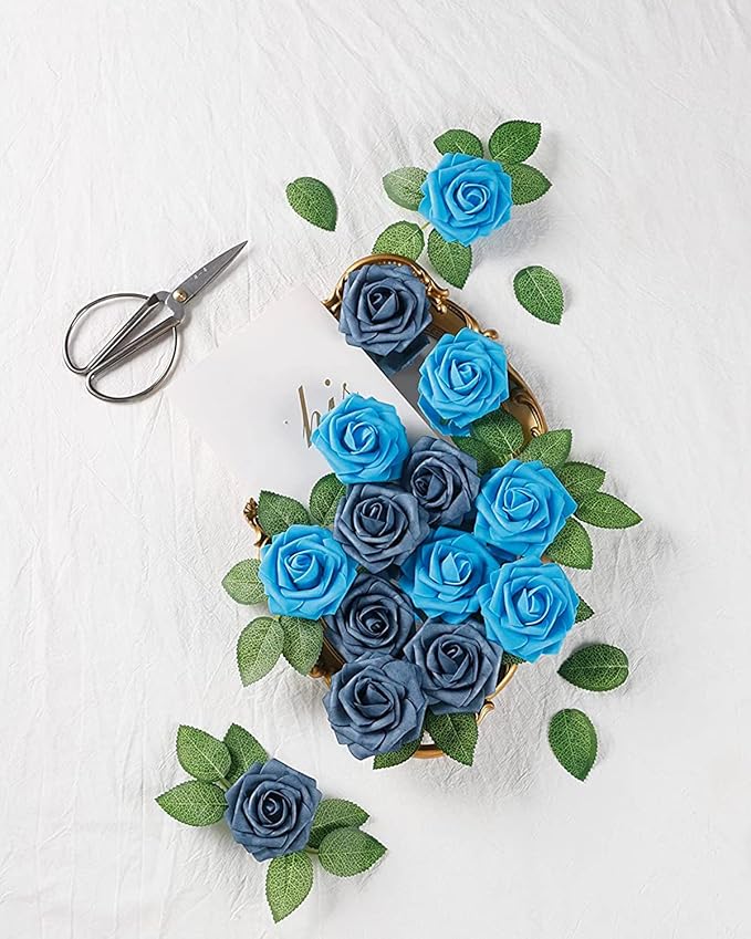DuHouse 25Pcs Artificial Roses Flowers Fake Roses with Stems Real Touch Foam Flowers for DIY Wedding Bouquet Baby Shower Centerpiece Floral Arrangement Party Home Decor(Middle Blue)