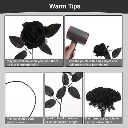 12Pcs Black Roses Artificial Flowers Fake Rose Faux Velvet Silk Flowers for Home Wedding Decoration (Pearl Roses, Pure Black)