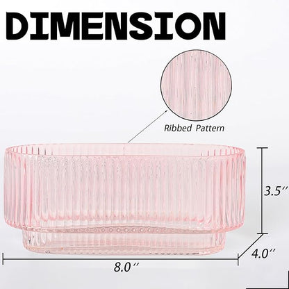 Ribbed Glass Vases, Small Vases for Flowers Set of 2, Pink Glass Vases, Vases for Centerpieces, Bud Vases, Rectangle Vases for Living Room, Bedroom, Kitchen, Dining Table, Shelf, Wedding