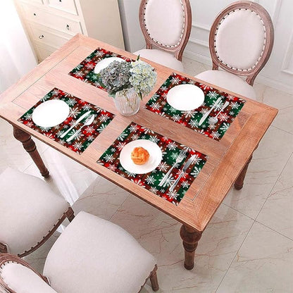 PVC Placemats Set of 1 Wipeable Table Mats Washable Heat Resistant Non Slip Vinyl Dining Table Mat for Kitchen Indoor Outdoor Patio Farmhouse Place Mats Grid Green Red Xmas Decorative