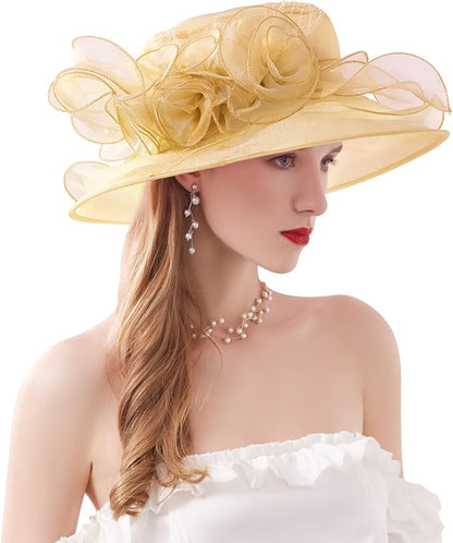 Organza Derby Hats for Women Wide Brim Fascinator Hat Rose Flower Wedding Tea Party Hat