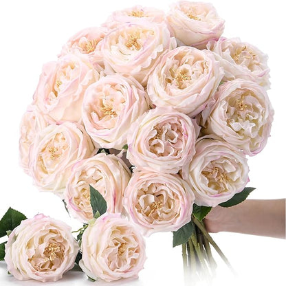 Giegxin 20 Pcs Real Touch Peonies Austin Roses Artificial Flowers, Faux Look Real Long Stems Fake Flower with Big Blooms for Christmas Valentines Wedding Party DIY Arrangement Home Decor(Light Pink)