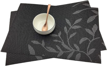 Gugrida Place Mats PVC Set of 6, Table Placemats Set of 6 PVC Woven Vinyl Place Mats Table Mats Natural Color (6 pcs, Black Leaves)