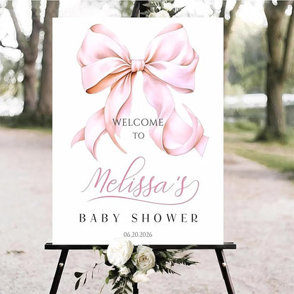 Personalized Pink Bow Baby Shower Welcome Sign, Custom Minimalist Bow Baby Girl Party Sign, Baby's Shower Gifts, Birthday Gifts, Gender Reveal Decorations, Newborn Announcement Party Supplies - 19