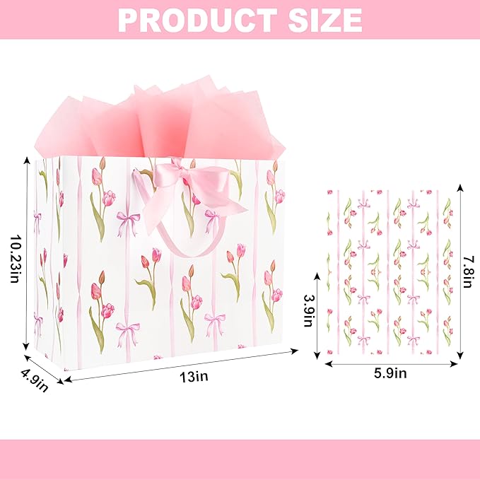 ASYEH NR 13" Large Size Pink Floral Gift Bag Tulip and Bows Pattern Gift Bag with Greeting Card Tissue Paper for Girls Women Birthday Baby Shower Wedding Mother's Day Valentine's Day Supplies