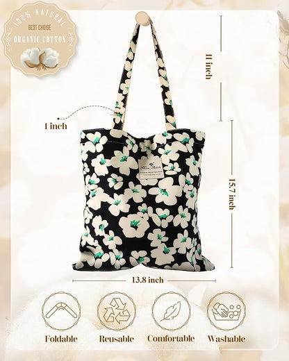 Aesthetic Cotton Tote Bag for Women - Reusable Shoulder Bag with Buckle Fabric Bag for Gym, Travel, Work