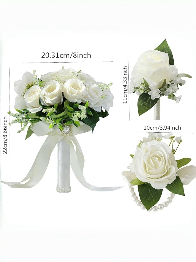 Meldel Ivory Wedding Bouquets for Bride Bridesmaid with Corsage and Boutonniere Set, 8 Inch White Champagne Artificial Roses Flowers Bridal Bouquet for Wedding Church Decoration,Ceremony, Anniversary