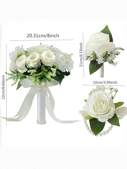 Meldel Ivory Wedding Bouquets for Bride Bridesmaid with Corsage and Boutonniere Set, 8 Inch White Champagne Artificial Roses Flowers Bridal Bouquet for Wedding Church Decoration,Ceremony, Anniversary