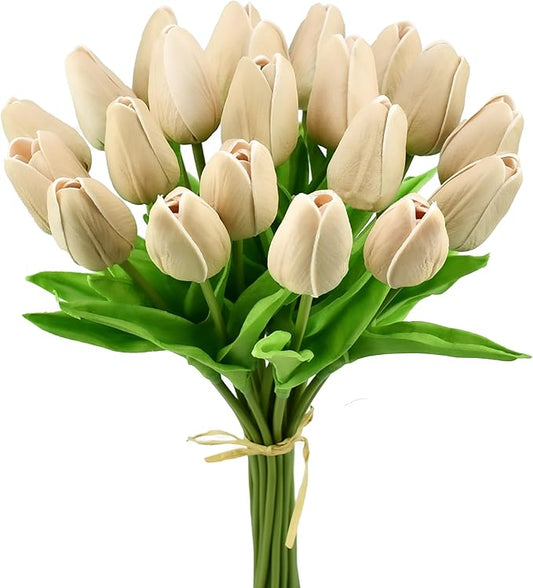 Mandy's Artificial Tulips 20 Stems Light Brown PU Faux Flowers for Thanksgiving and Christmas Decorations Wedding Home Decor 13.5 Inch