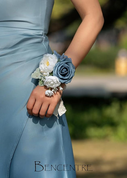 Dusty Blue Corsages for Wedding(Set of 6),Corsages for Prom,Party Prom Hand Flower Decor,Mother of The Bride Corsage,Bridesmaid Wrist Corsage
