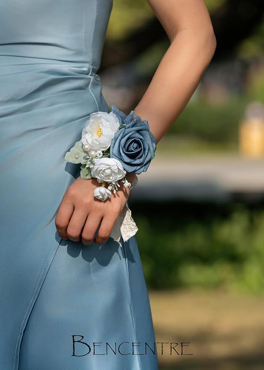 Dusty Blue Corsages for Wedding(Set of 6),Corsages for Prom,Party Prom Hand Flower Decor,Mother of The Bride Corsage,Bridesmaid Wrist Corsage