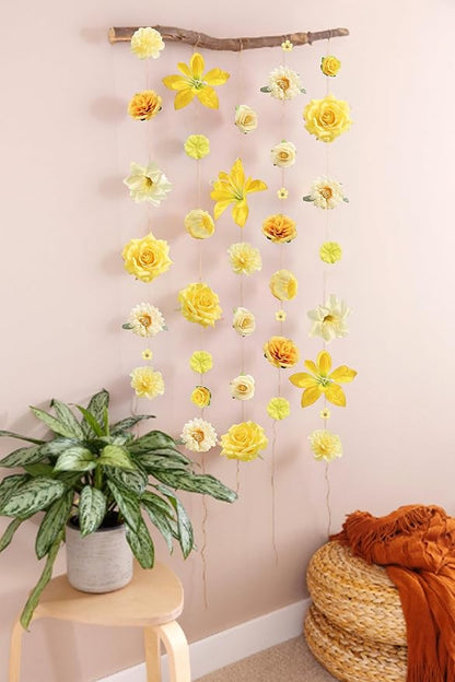 rongflower Fake Flower Heads for Crafts - Yellow Silk Artificial Roses, Peonies, Daisies & Mini Floral Heads Bulk (48-Pack) for Wedding Decor, Graduation Cap, Cake Topper, Baby Shower, Home Decoration