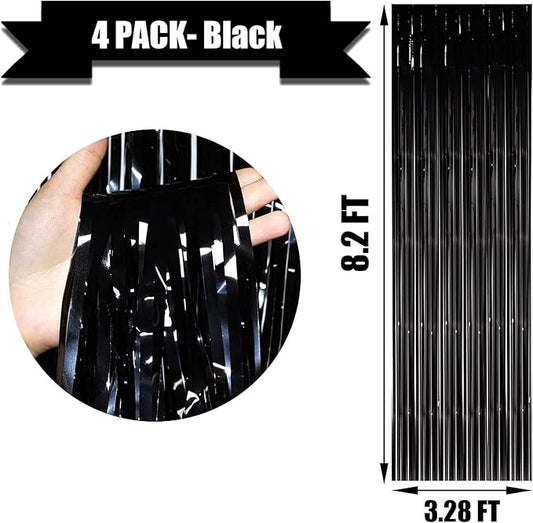 4 Pack Black Foil Fringe Curtain Backdrop, 3.28Ft x 8.2Ft Metallic Tinsel Streamers Curtains for Party, Photo Booth Props, Birthday, 2022 Mother's Day Decor Supplies, One Size
