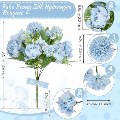 Lyrow 16 Pcs Peony Artificial Flowers Fake Silk Hydrangea Bouquet Elegant Peony Flowers for Wedding Decoration Faux Realistic Floral for Home Party Table Centerpieces Arrangement (Blue)