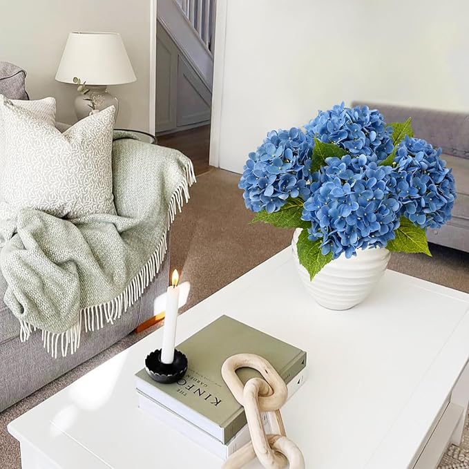 Savoy Blue Boho Artificial Hydrangeas Flowers, 4Pcs 20" Real Touch Lifelike Silk Artificial Hydrangeas, Full Fake Flowers for Bouquets Table Centerpieces Spring Wedding Indoor Home