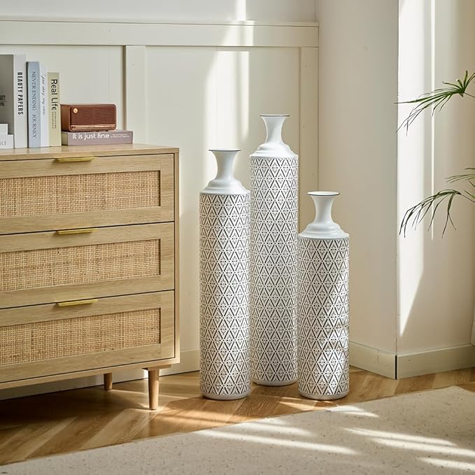 Floor Oversized Gold Metal Decorative Vase with 3D Triangle Pattern Set of 3 Large Vases for Home Living Room 33.5 ", 29.5 ", 25.2" High (White+Black)