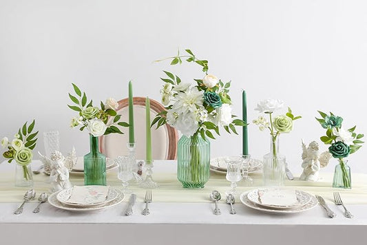 Artificial Flowers Roses Fake Flowers with Stems White Dahlia Artificial Flowers for DIY Bridal Bouquets Faux Flowers Centerpieces for Table Home Decor (White Green)