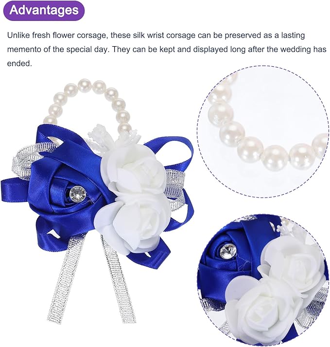 MECCANIXITY 6Pcs Wrist Corsage Artificial Flower Bracelets Rose Wrist Bride Groom Decorative for Wedding Ceremony Prom Party Anniversary Dark Blue