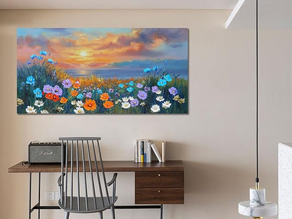 Ardemy Landscape Wall Art for Living Room Extra Large Wildflower Pictures Wall Decor Coastal Sunset Floral Canvas Textured Bedroom Flower Paintings Artwork Home Office, 40"x20"