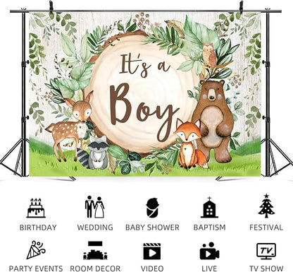20x10ft Woodland Baby Shower Backdrop It's a Boy Photography Background Jungle Green Grass Safari Animals Bear Fox Baby Boys Party Banner Decorations Newborn Portrait Photo Booth Prop
